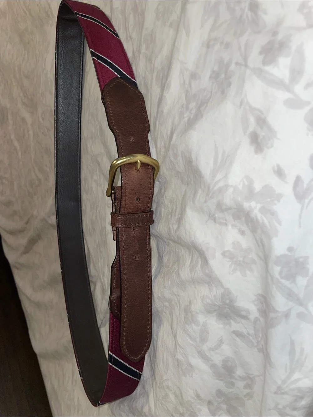 FH Wadsworth leather and fabric belt maroon and navy striped genuine leather nyc